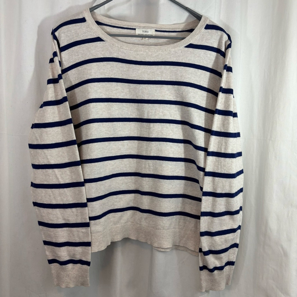 YERSE Sweaters - Women's YERSE Beige & Navy Striped Breton Crew Neck Sweater Size L